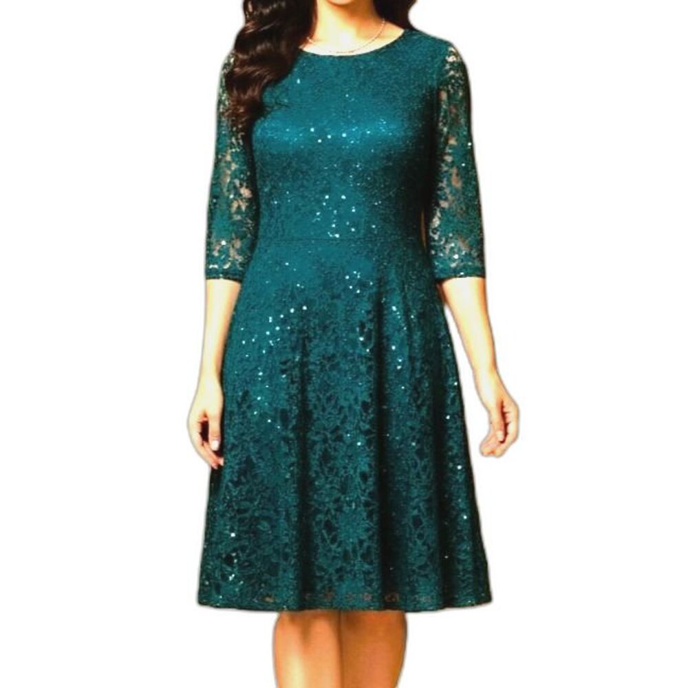 CHRIS MCLAUGHLIN Dress Teal Green Lace Classy Shiny Women Size 8 Medium NEW NWT